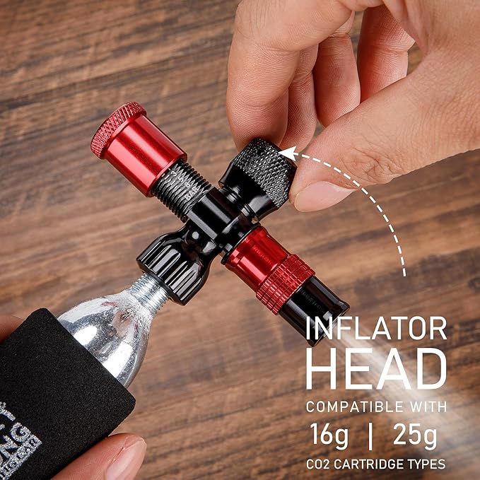 CO2 Inflator Kits with 6 X 16g / 25g CO2 Threaded Cartridges for Bike Tires, Presta and Schrader Valve Compatible, CO2 Bike Tire Pump for Mountain and Road Bicycles