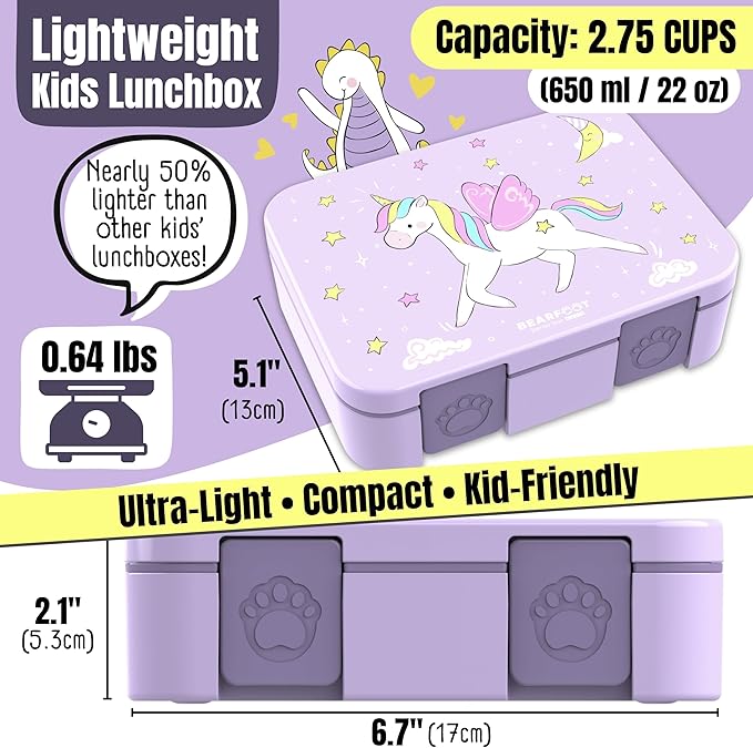 BEARFOOT Kids Lunch Box with Compartments – Compact & Lightweight | Leak-Proof, BPA-Free, Dishwasher & Microwave Safe | Hand-Drawn Design for Preschool, School, Travel (Unicorn Purple, 2.75 Cups)