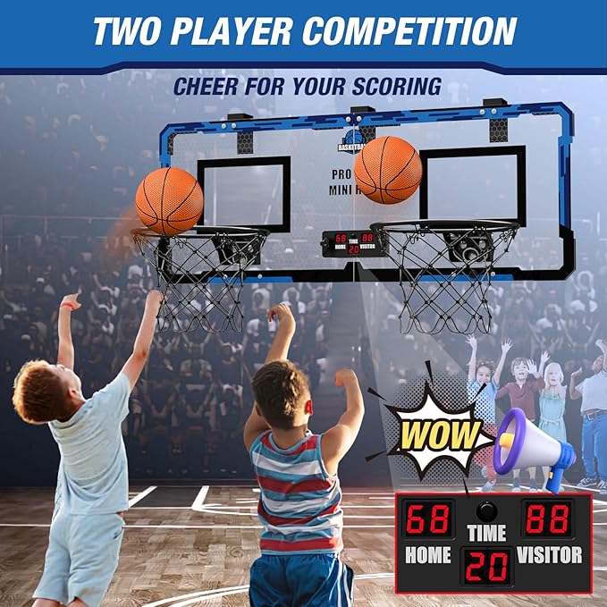 2 Player Basketball Game, Dual Shot Over The Door Mini Basketball Hoop Indoor with Scoreboard, Basketball Toy Gifts for Kids Boys Girls Adults, Suit for Bedroom/Office/Outdoor/Pool, Blue