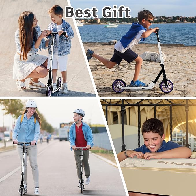 PHOEROS Kick Scooter for Kids Ages 6-12,Teens & Adults, Youth. Lightweight Aluminum Kick Scooter for Teens Adults Boys Girls with 8 inch Big Wheels, Foldable, 3 Height Adjustable, Shock Absorption.