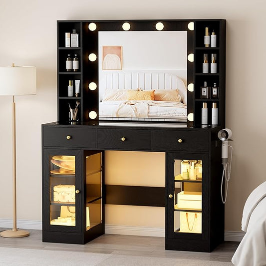 Makeup Vanity with Mirror and Lights, 43'' Wide Dressing Table with Storage Drawers, Open Shelves & Power Outlet, Vanity Desk with RGB Cabinet & Glass Top for Girls Bedroom, Living Room, Black