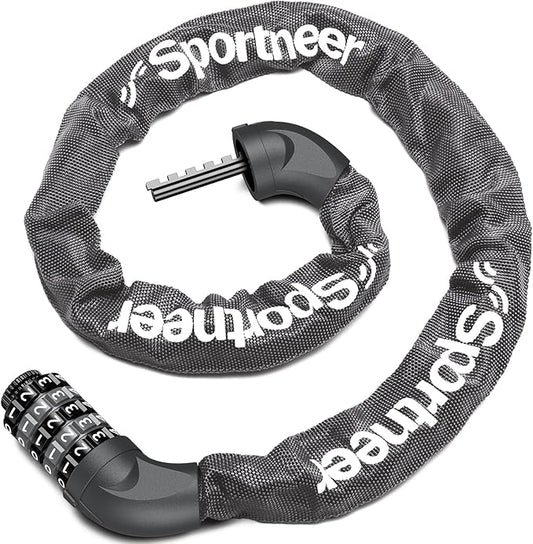 Sportneer Bike Lock: 5 Digit Combination High Security Anti Theft Bike Chain Lock - 3.2/3.6/4ft Heavy Duty Keyless Bicycle Lock for Bike, Motorcycle, Scooter, Door & Gate - 4/6mm Thick, Easy to Use