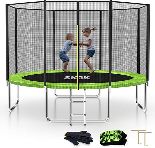 SKOK Trampoline 8FT 10FT 12FT 14FT 15FT Trampolines with Enclosure Net, 400LBS Outdoor Trampolines for Kids with Basketball Hoop-ASTM Approved Trampoline for Children and Adults with Ladder