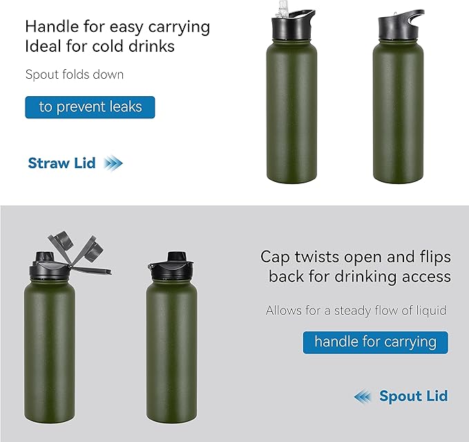 VEGOND 40 oz Insulated Water Bottle Bulk Stainless Steel Metal Water Bottles with Leak Proof Straw Lid & Spout Lid, Wide Mouth Double Walled Vacuum Travel Sports Bottle, 4 Pack