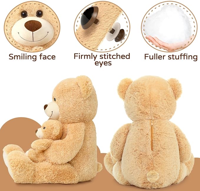 MorisMos Giant Teddy Bears with Babies, 39inch Big Mommy Bear with 3 Baby for Baby Shower, Large Teddy Bears Stuffed Plush, Brown
