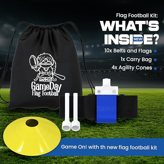 Gameday Flag Football Set – Kits for 2–14 Players w/Belts, Agility Cones & Carry Bag – Available in Multi Colors & Sizes