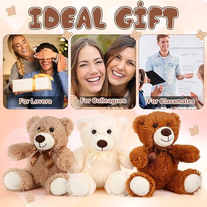 HyDren 6 Pcs Bear Stuffed Animal Plush Toys Soft Plush Dolls Bear Sleeping and Playing Toys for Baby Shower Decoration Boy(Long Plush,White, Brown, Beige)