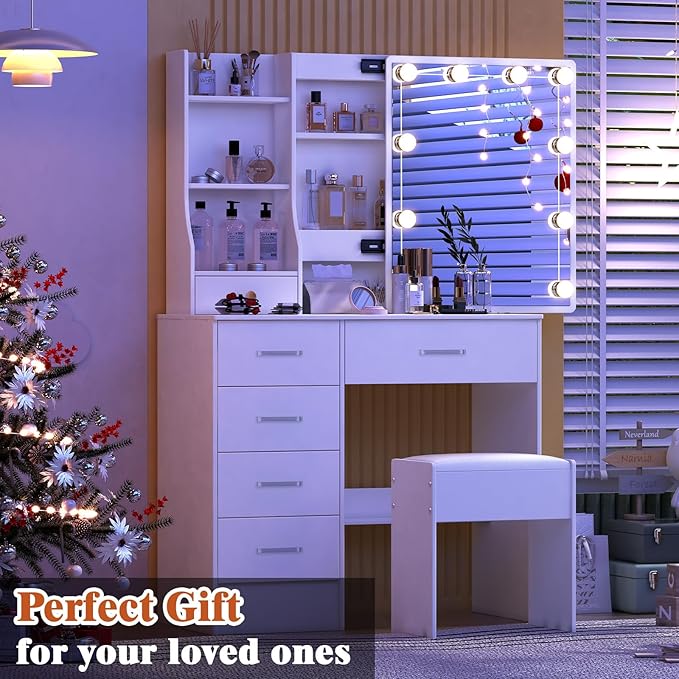 Vanity Desk with Sliding Mirror and Lights, White Vanity Set with Lighted Mirror and Stool, 3-Color Adjustable Brightness Lights, USB Port, Drawers, Makeup Vanity for Bedroom, Girls & Women Gifts
