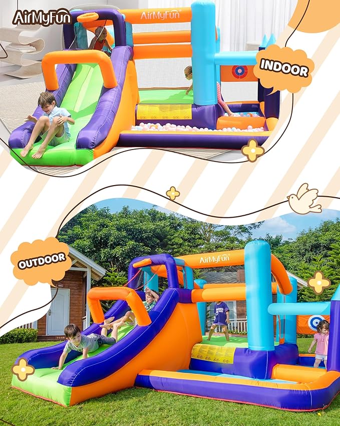 AirMyFun Inflatable Water Slide Bounce House with Long Curved Slide for Kids with Blower, Family Backyard Bouncy Castle with Fun Doorway Tunnel, Climbing Wall and Ball Shooting (High End)
