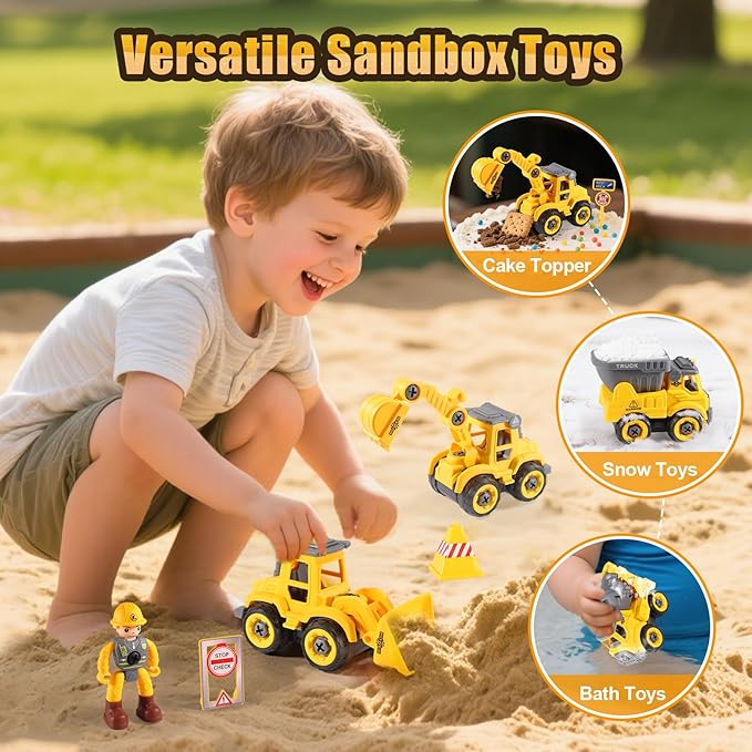 LUDILO Toddler Kids Toys Boys 3-5: Mini DIY Assembly Stem Learning Educational Building Toy Cars with Electric Drill Sandbox Beach Construction Toy Trucks, 2 3 4 5 Year Old Boy Toys Birthday Gift Xmas