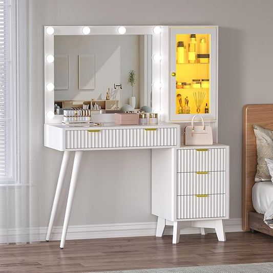 45” Fluted Makeup Vanity Desk with Mirror and Lights, Glass Top Dressing Table with 5 Drawers, LED Lighted Adjustable Cabinet, Trays & Charging Station for Bedroom Dressing Room