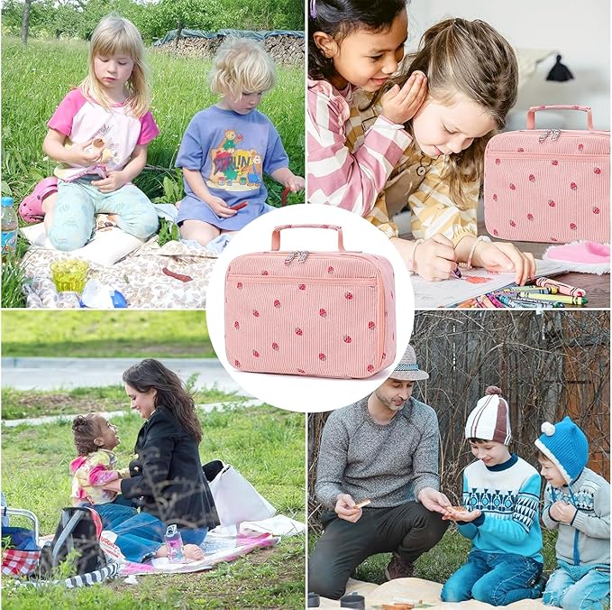 Bluboon Kids Girls Corduroy Pink Strawberry Lunch Box for School
