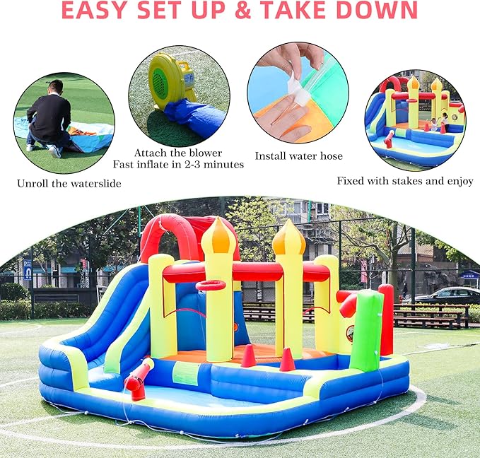 Blow Up Water Slides for Kids Backyard, Large Jumping Bouncy Castle for Kid Outdoor, 8in1 Inflatable Bounce House with 450W air Blower