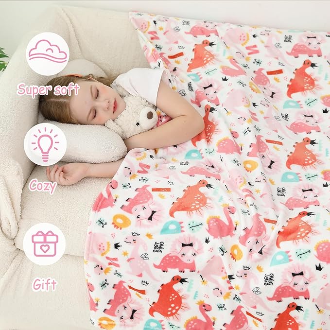 Softan Kids Throw Blanket for Girls & Boys, Warm Soft Toddler Fleece Blankets for Sofa Couch Bed， Cozy Fuzzy Plush Flannel Kids Throw Blanket for Daycare & School - Pink Dinosaur 50x60 inches