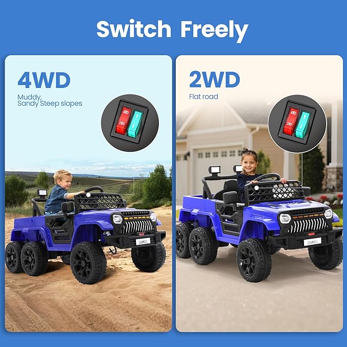 12V Power Wheels Jeep for Kids - Ride On Truck Car w/2WD/4WD Switch w/Parent Remote Control, 6 Wheels Suspension Electric Car for Kids, Blue