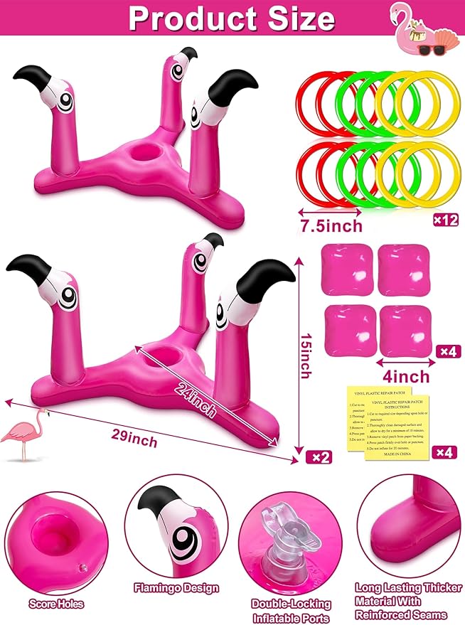 2 Pack Inflatable Flamingo Pool Toys Games Set, 2-in-1 Floating Pool Rings Toss & Cornhole Summer Swimming Luau Party Decor Hawaii Beach Toy Luau Party Games Supplies for Kids Adults Family