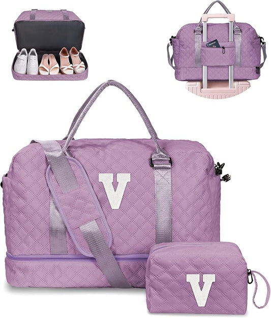 Birthday Gifts for Women - Duffle With Shoe Compartment, Personalized Weekender, Monogram Overnight Bag, Letter Travel With Makeup Bag, Preppy Gifts for Girl (Letter V)