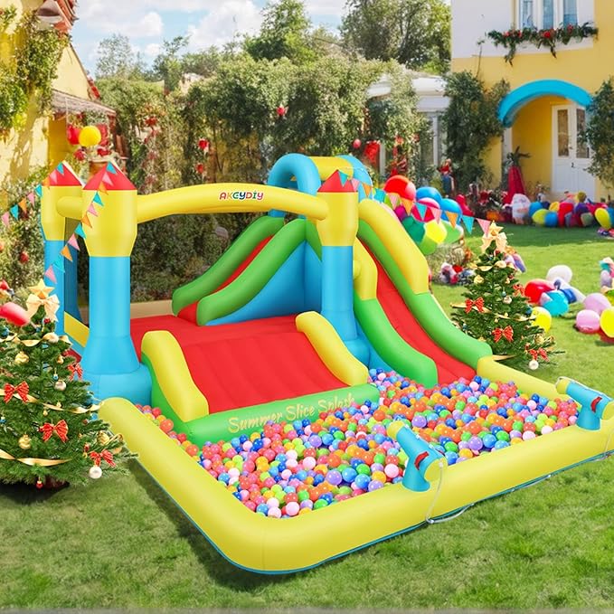 AKEYDIY Bounce House Water Slide, Inflatable Water Slide Park with with Long Slide, Pool, Climbing Wall, Water Gun for Outdoor, Blow up Water Slides Bounce House Castle for Kids Backyard Party Gifts
