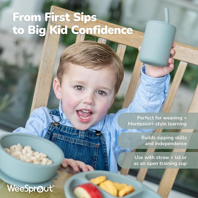 WeeSprout Silicone Baby Cups With Straws and Lids, 4 & 8 oz Options, Set of 2, Food Grade Toddler Training Container, Built In Straw Stoppers, Measurement Markings, Dishwasher Safe + Straw Cleaner