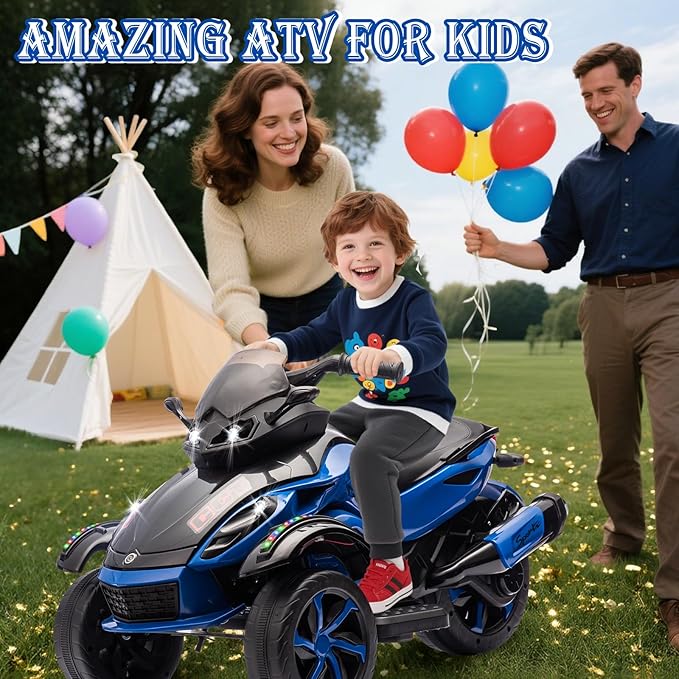 Xinyonxin 12V Kids Electric ATV, 3-Wheeler Motorcycle Ride on Toys for Toddlers w/Music, LED Lights, USB, One-Button Start, Forward/Reverse, Electric All-Terrain Car, Gift for Age 3+ (Blue)