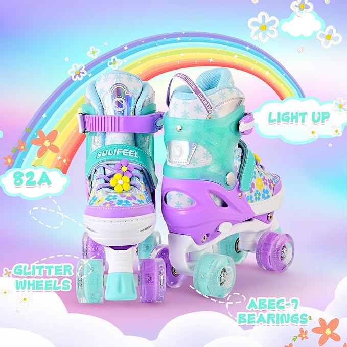 SULIFEEL Rainbow Unicorn 4 Size Adjustable Light up Roller Skates for Girls Boys for Kids