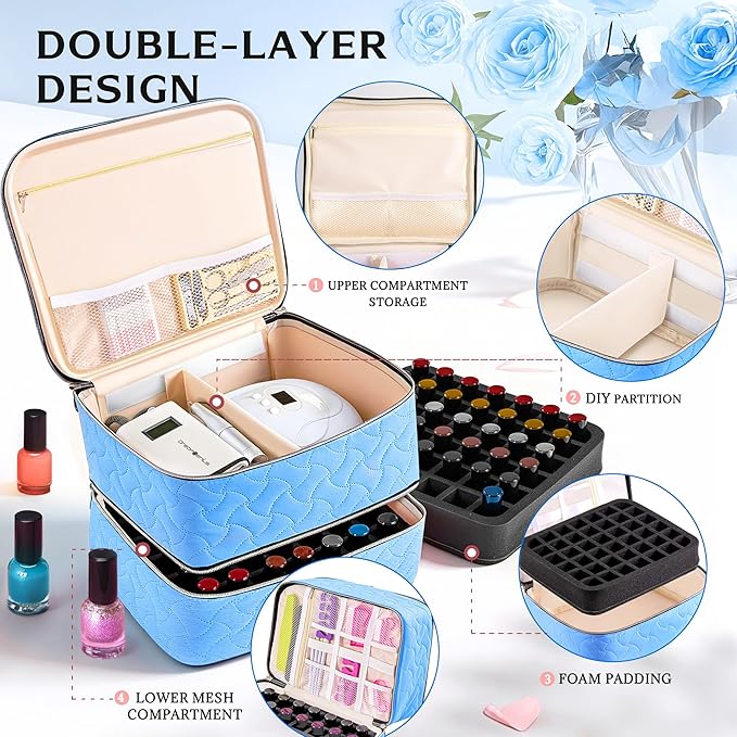DreamGenius Nail Polish Organizer Case Holds 42 Bottles, Portable Double-Layer Nail Polish Storage Bag with Adjustable Dividers for Manicure Tools, Light Blue