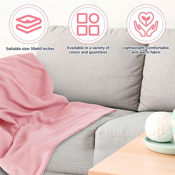 Newwiee 48 Pcs Fleece Throw Blankets Bulk Outdoor Wedding Guest Gifts Soft Lightweight Sleepover Lap Blankets Pet Home Sofa Couch Office Donation Homeless, 50 x 60 Inch (Rose Pink)