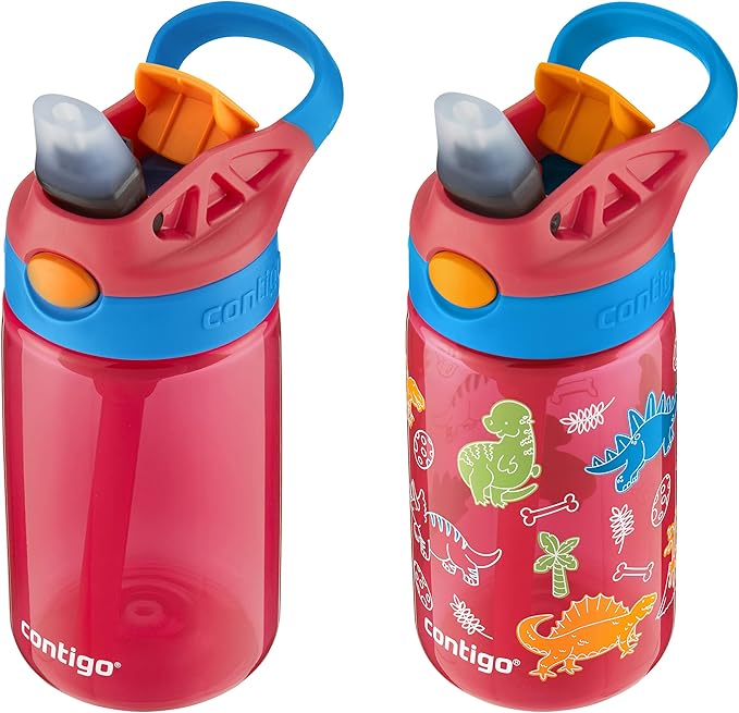Contigo 14oz Kids Cleanable Water Bottle with Silicone Straw and Spill-Proof Lid, 2-Pack in Watermelon & Dinos, Dishwasher-Safe