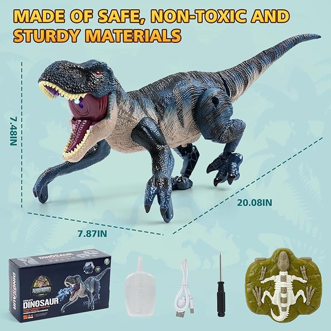 2.4GHz Remote Control Walking Dinosaur Toy for Kids - Birthday Gifts for Boys Ages 3-5 5-7 8-12, Interactive Dino with Roaring Sound, Cool Lights & Mist Spray