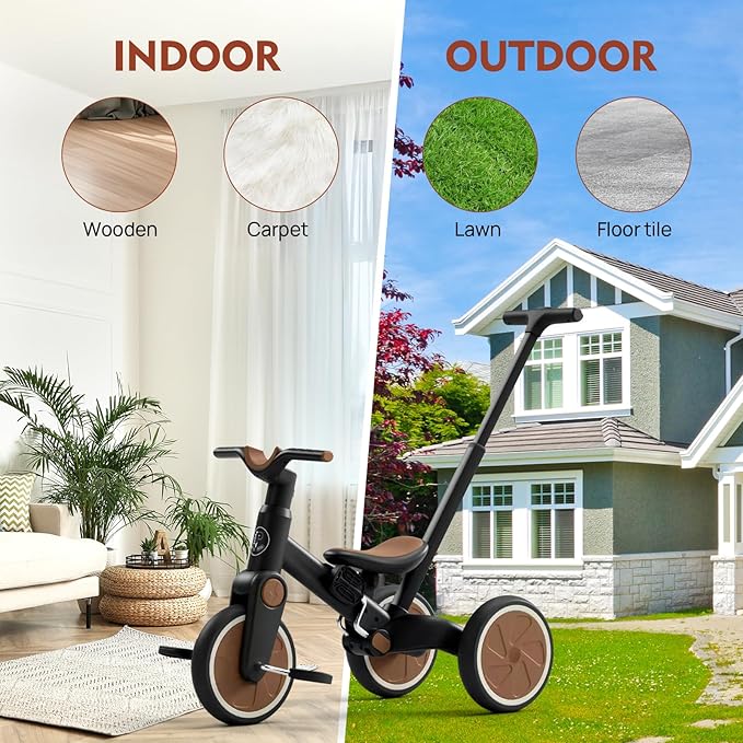 Tricycle for Toddlers 1-3 Year Olds, 5 in 1 Toddler Balance Bike with Removable Pedal, Foldable Toddler Tricycle with Push Handle(Black)