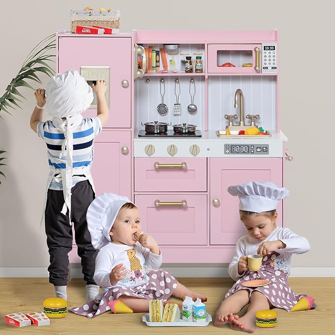Play Kitchen for Kids, Wooden Kids Kitchen Playset with Realistic Sounds, Children Pretend Toy Kitchen Playset w/Stove, Oven & Ice Maker, Little Chef Play Kitchen for Girls and Boys, Pink