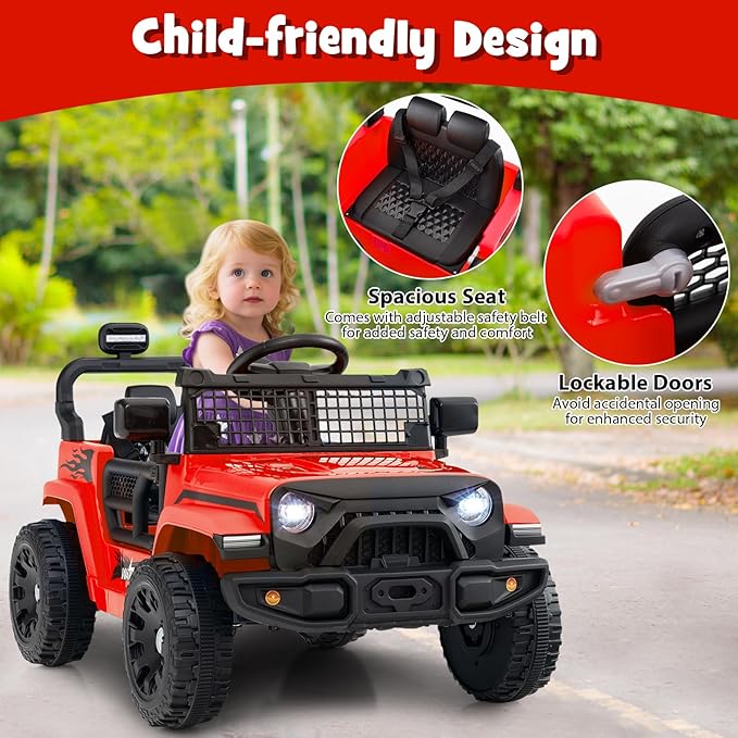 Costzon Kids Ride on Car Truck, 12V Electric Vehicle w/Foldable Mirrors, 3 Speeds, LED Lights, Music & Horn, Ride on Toys Remote Control Car for Toddlers, Boys & Girls (Red,34" × 23" × 21")