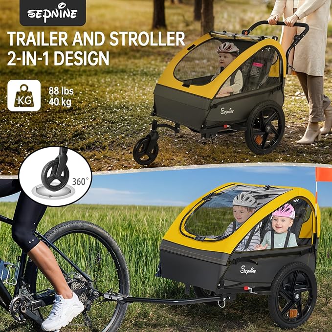 Sepnine Kids Bike Trailer, 2 in1 Canopy Carrier Converts to Stroller Suitable for 1 to 2 Kids, 12+ Months, Quick Attach to Bike, Foldable, with 5-Point Harness and Storage Bags