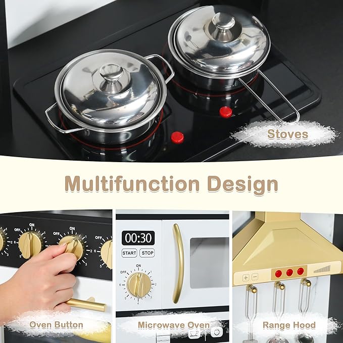 Kids Kitchen Playset, Wooden Play Kitchen with Toy Storage System, Pretend Play Kitchen Set Toy with Range Hood, Ice Maker & Coffee Maker, for Kids Ages 3+, Black