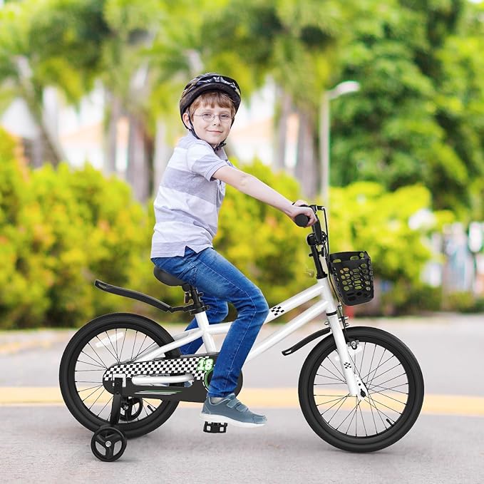 COSTWAY Kids Bike, 12 14 16 18 Inch Toddler Bike for Boys & Girls Aged 3-8 Years Old, Kids Bicycle w/Removable Training Wheels, Handbrake & Coaster Brake, Basket, Bell