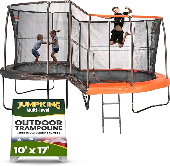 JumpKing Multi-Level Oval Trampoline with Ladder, Heavy Duty, Indoor/Outdoor with Safety Enclosure, Basketball Hoops and Toss Game Included, Durable Jumping Surface for Kids and Adults, 10ft x 17ft