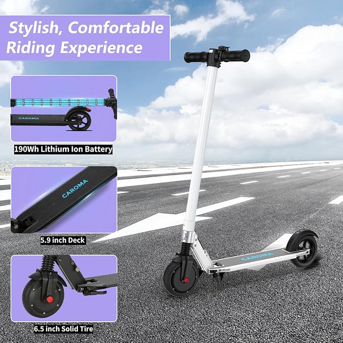 Caroma Electric Scooter for Kids Ages 6-14, 250W Motor Foldable Kids Electric Scooter,160 Mins Ride Time & 3 Speeds (6/10/15 Mph), LED Display & Dual Brake,Best Gift for Girls and Boys
