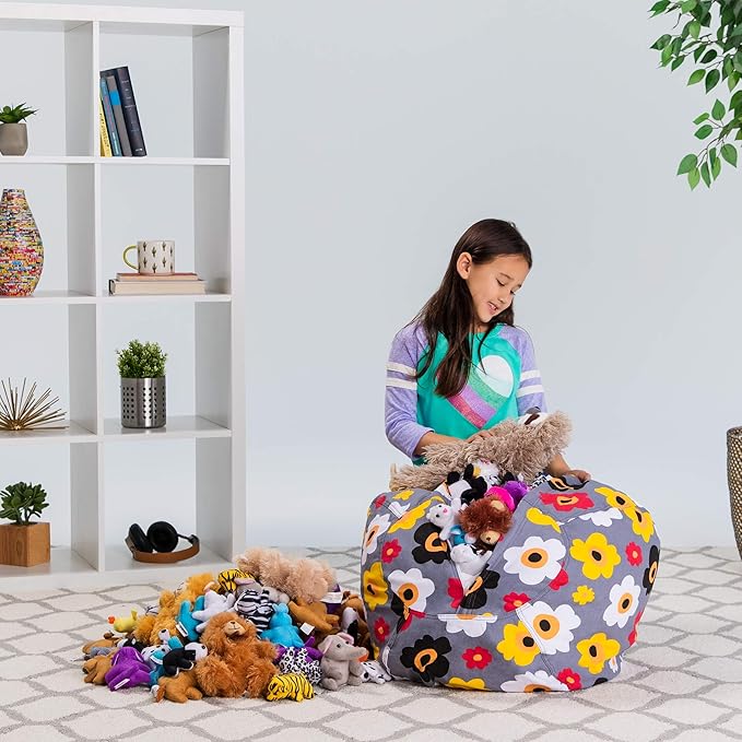 Posh Stuffable Kids Stuffed Animal Storage Bean Bag Chair Cover - Childrens Toy Organizer, Medium 27" - Canvas Multicolored Flowers on Gray