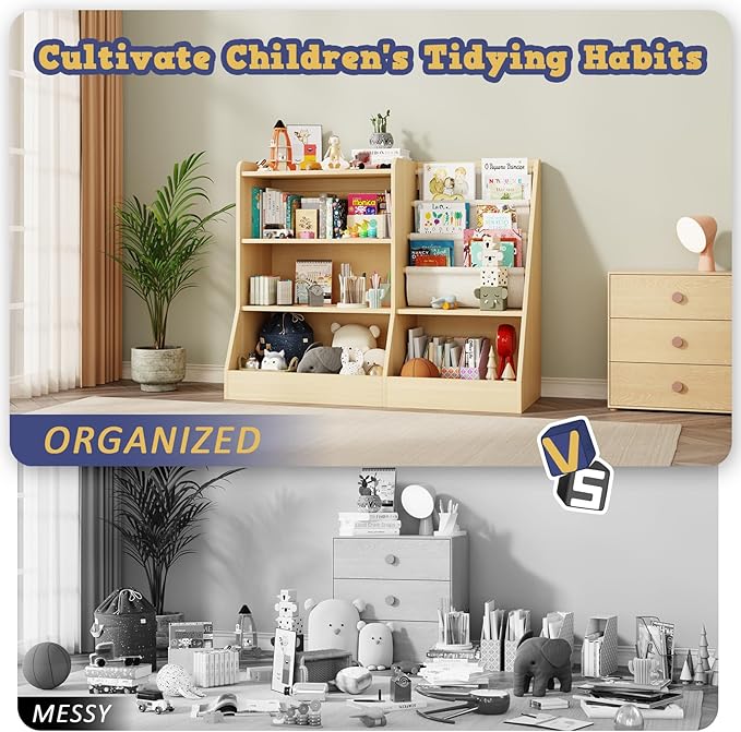 39" Large Kids Wooden Bookshelf and Toy Storage Organizer, Baby Bookcase with Sling Book Rack, Children Toddler Wooden Book Shelf for kids rooms, Playroom, Classroom, Nursery, School (Natural)