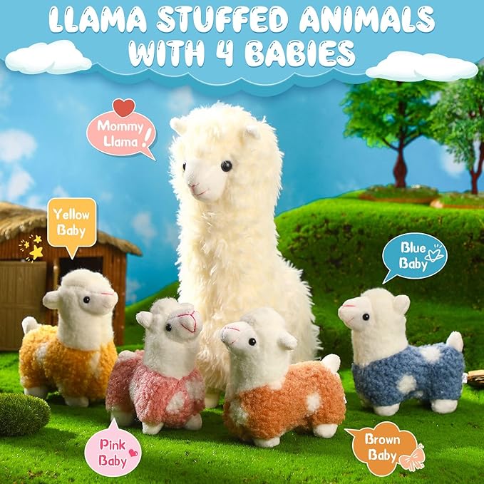 Civaner Llama Stuffed Animal with 4 Baby Llama Plushies Operation Christmas Cute Alpaca Plush Set Soft Kawaii Alpaca Pillow for Kids Girls Birthday Christmas Charity Donation Gift Home Decor(White)