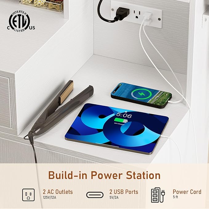 Vanity Desk with Mirror and Lights, Makeup Vanity with Storage Drawer, Power Outlet and Large Cabinet for Bedroom - White