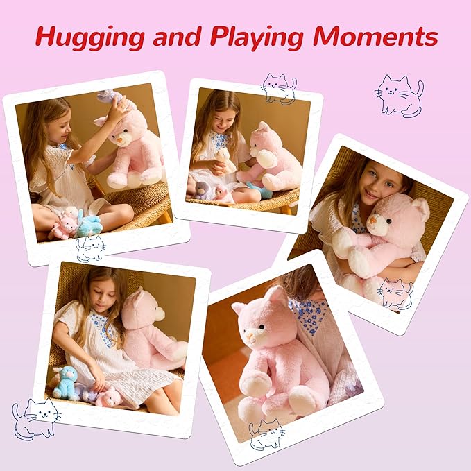 5 Pieces Cat Stuffed Animals for Girls, 1 Mommy Cat with 4 Babies, Soft Plush Cat Toy Set for Kids 3-9, Gifts for Christmas, Birthday, Children's Day, Valentine's