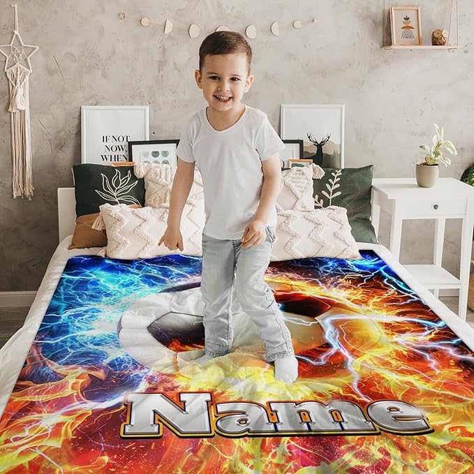Soccer Blanket for Boys 6-8, Personalized with Name 50x40 Inches Comfortable Soft Small Sports Soccer Throws Gifts for Kids Team Players for Sofa Couch Travel