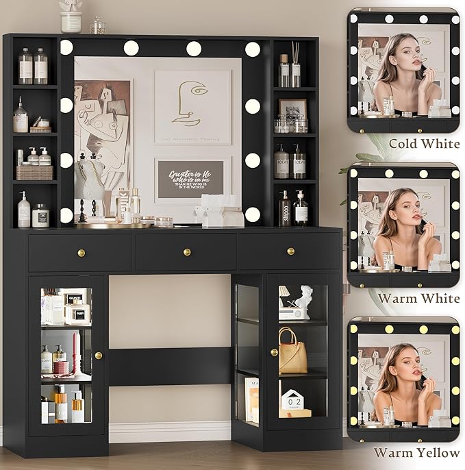 Makeup Vanity Desk with Mirror and Lights, Black Vanity with Glass Top, LED Lights & Power Outlet, 3 Drawers & 2 RGB Glass Cabinets, Adjustable Lighted Dressing Table for Women & Girls Bedroom
