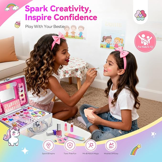 SAVILAND Kids Makeup Kit 32 Pcs: Toxic-Free Washable Makeup For Kids 5-12 Portable Real Toddler Kit with Eyeshadow Lip Gloss Cosmetic Case Birthday Christmas Gifts for Girls