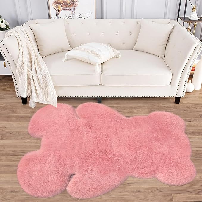 4x5.3 ft Pink Bear Shaggy Large Rug, Soft Fluffy Faux Sheepskin Fur Rug Fuzzy Shag Area Rug Cute Plush Carpet for Nursery Kids Girls Bedroom Room Aesthetic Living Room Floor Home Decor, Pink