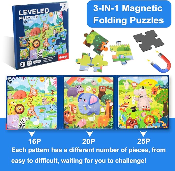 ASTARON Magnetic Puzzles for Toddlers, 16-20-25 Pieces Animal Learning Magnet Puzzle for Road Trip, Educational Travel Toys Car Plane Activities for Kids, Kids Birthday Gifts