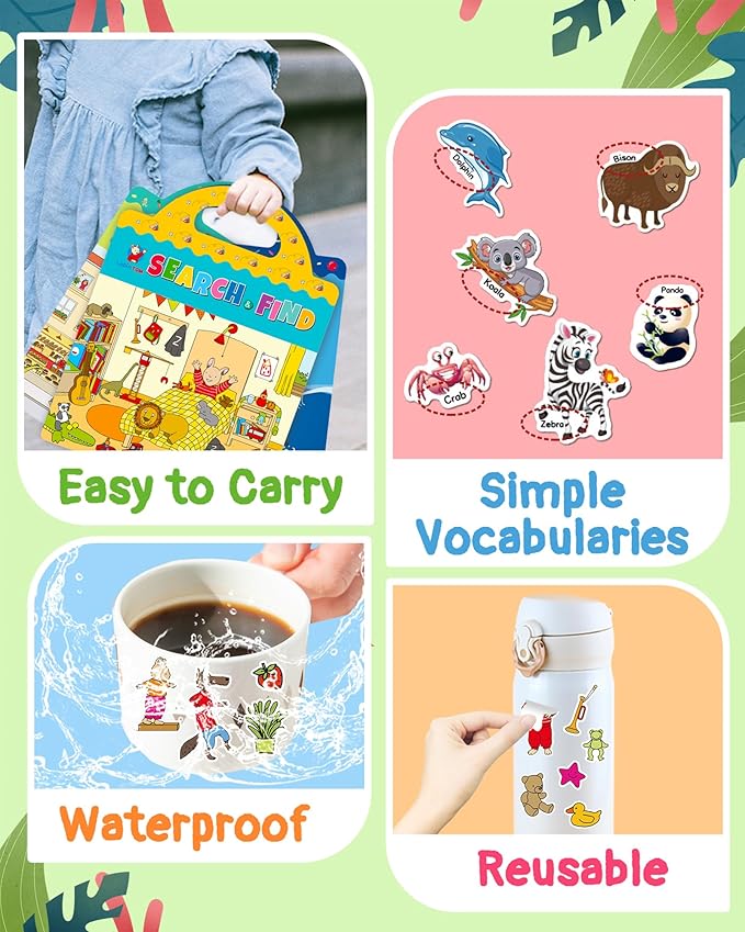 Benresive Reusable Sticker Book for Toddlers 2-4 Years, 3 Sets Travel Stickers for Kids, Waterproof Sticker Books for Toddlers 1-3, Crafts Activities for Todddlers 1-3 2-4 3-5