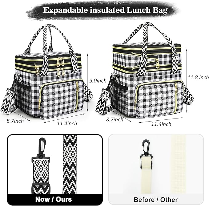LOKASS Lunch Box for Women-16L-Insulated Lunch Bag Women, Expandable Double-layer Leakproof Cooler Bag with Upgrade Adjustable Shoulder Strap Ideal for Work/Travel/Picnics（Black&White Check）