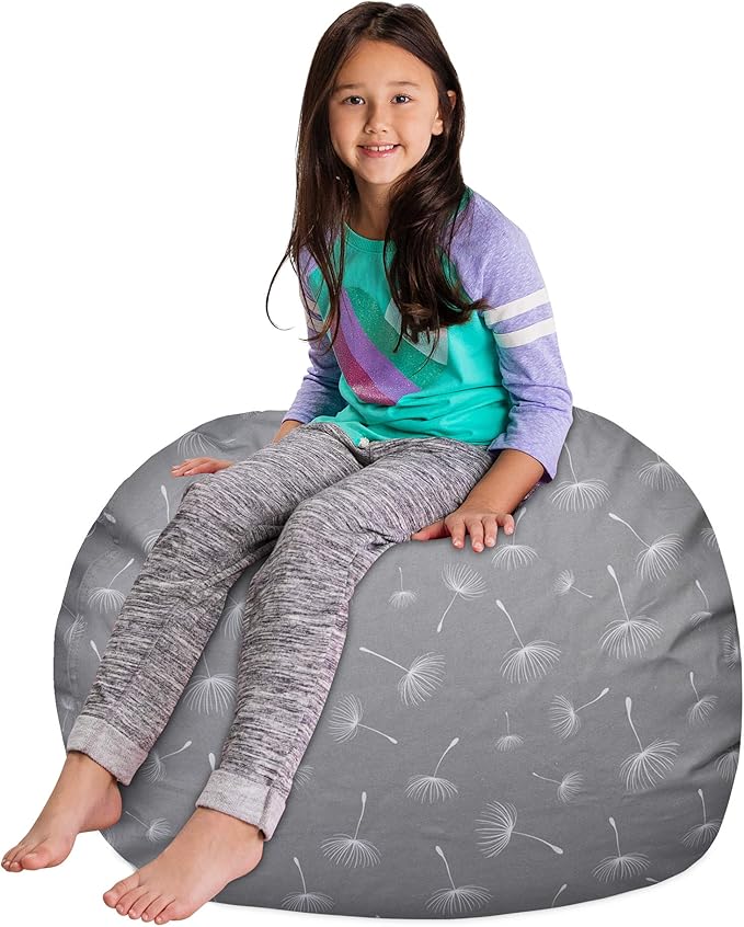 Posh Creations Kids Stuffed Animal Storage Bean Bag Chair Cover - Childrens Toy Organizer, Large-38in, Canvas White Dandelions on Gray
